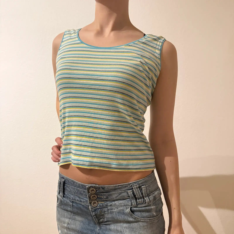 Striped Pastel Sleeveless Crop Top – Vintage 2000s Y2K Layering Shirt (S)