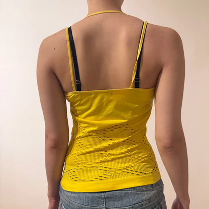 Guess Yellow Halter Top – Vintage Y2K Logo Rhinestone Cut-Out Tank (S)