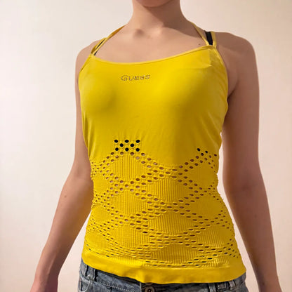 Guess Yellow Halter Top – Vintage Y2K Logo Rhinestone Cut-Out Tank (S)