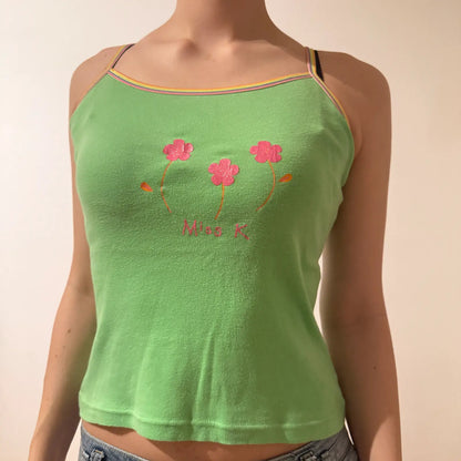 Lime Green Spaghetti Strap Cami with Flower Embroidery – Vintage 2000s Miss K Y2K (S)