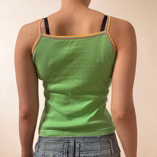 Lime Green Spaghetti Strap Cami with Flower Embroidery – Vintage 2000s Miss K Y2K (S)