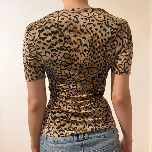 Leopard Print Fitted Top – Short Sleeve Y2K Piece (S)