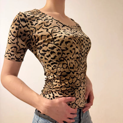 Leopard Print Fitted Top – Short Sleeve Y2K Piece (S)