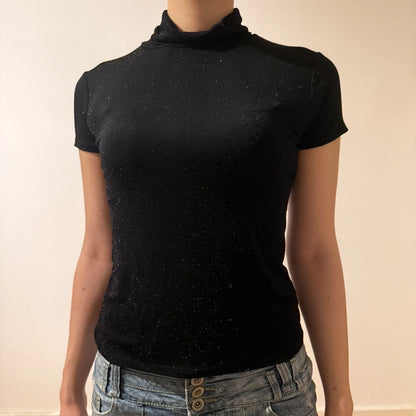 Black Shimmer Mock Neck Short Sleeve Top Y2K Glitter Tee (S)