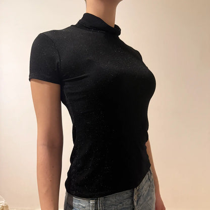 Black Shimmer Mock Neck Short Sleeve Top Y2K Glitter Tee (S)