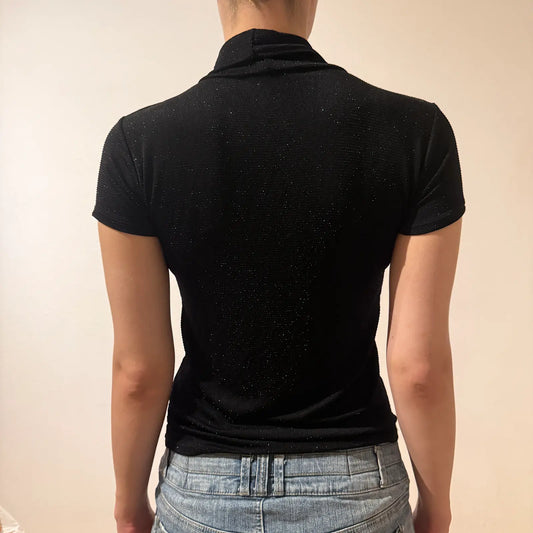 Black Shimmer Mock Neck Short Sleeve Top Y2K Glitter Tee (S)
