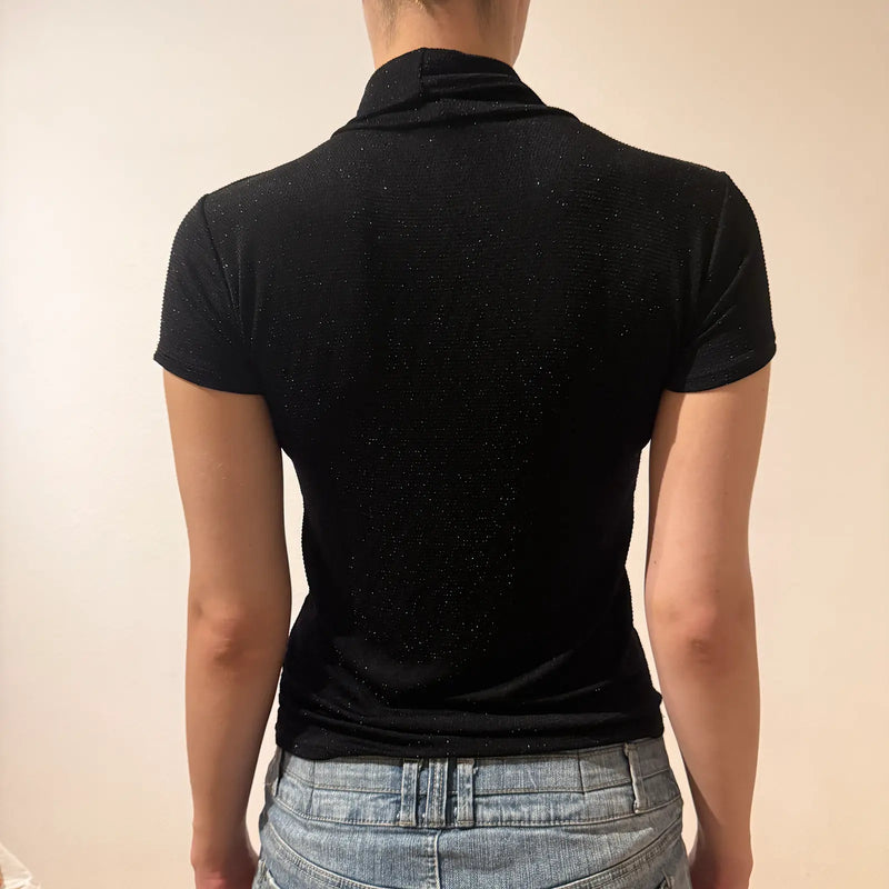 Black Shimmer Mock Neck Short Sleeve Top Y2K Glitter Tee (S)
