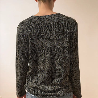 Vintage Wavy Dot Sheer Long Sleeve Top – Minimal Y2K Glitter Shirt (S/M)