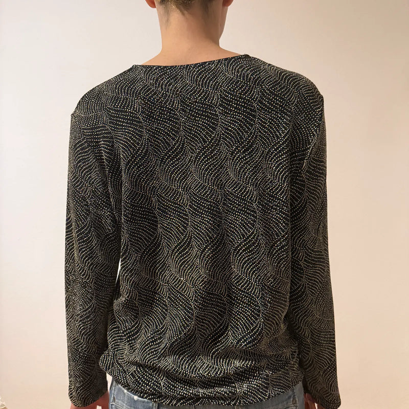 Vintage Wavy Dot Sheer Long Sleeve Top – Minimal Y2K Glitter Shirt (S/M)