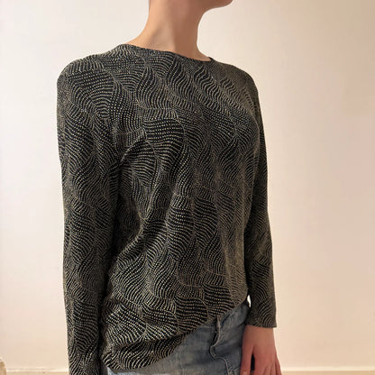 Vintage Wavy Dot Sheer Long Sleeve Top – Minimal Y2K Glitter Shirt (S/M)