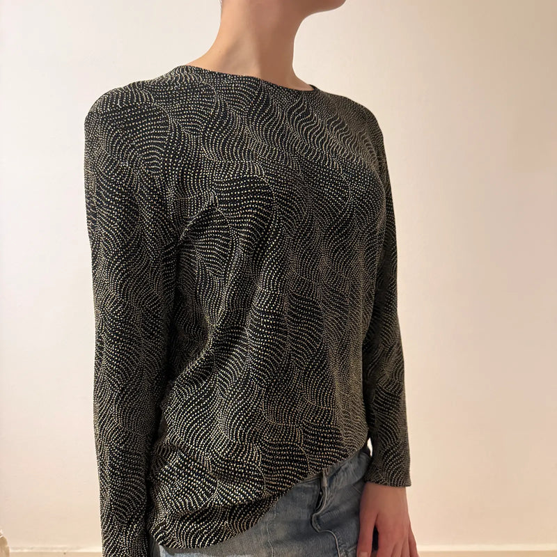 Vintage Wavy Dot Sheer Long Sleeve Top – Minimal Y2K Glitter Shirt (S/M)