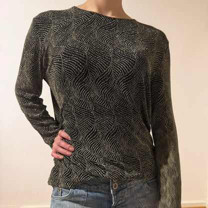 Vintage Wavy Dot Sheer Long Sleeve Top – Minimal Y2K Glitter Shirt (S/M)