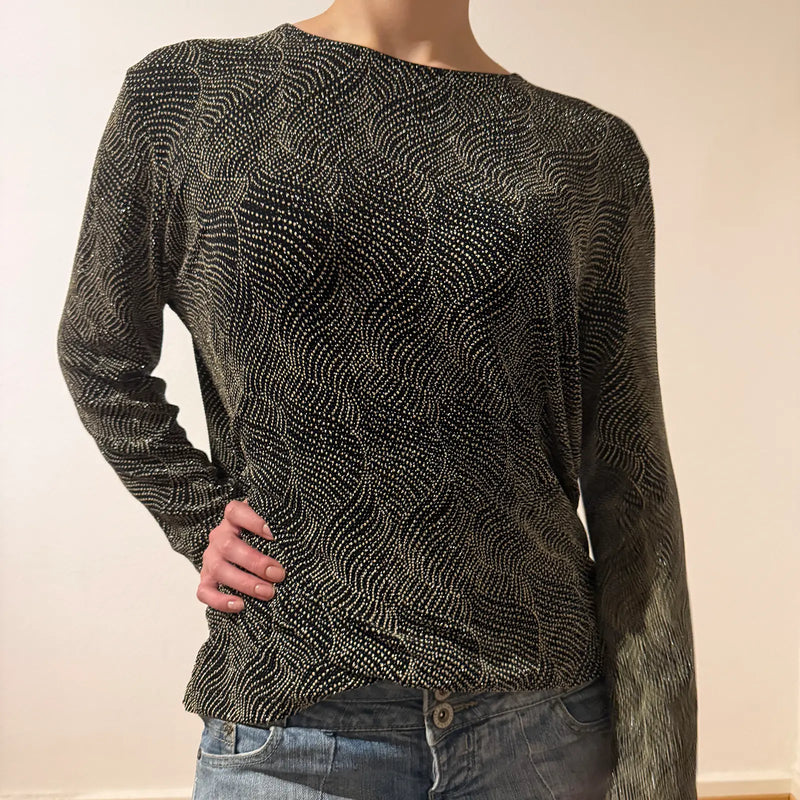 Vintage Wavy Dot Sheer Long Sleeve Top – Minimal Y2K Glitter Shirt (S/M)