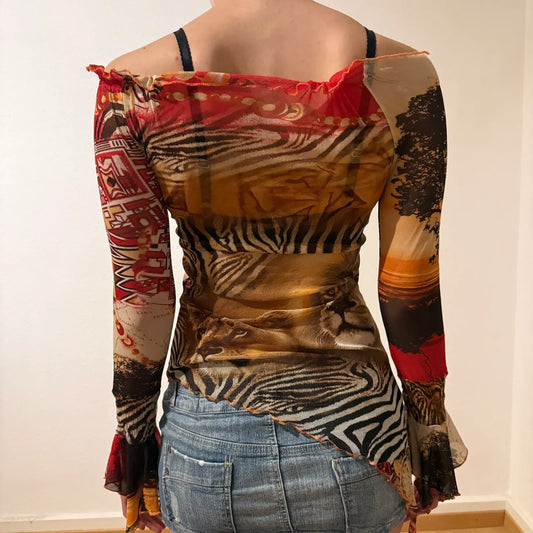 Safari Print Mesh Long Sleeve Top – Y2K Sheer Animal Pattern Blouse (S)