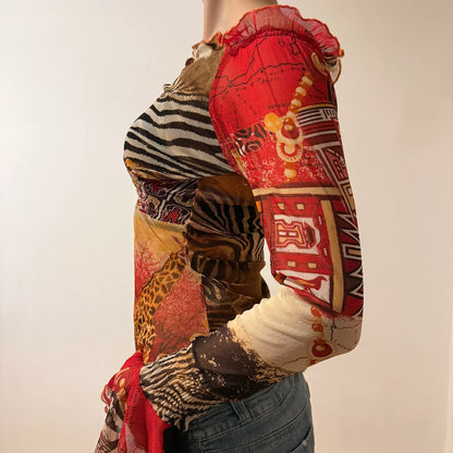 Safari Print Mesh Long Sleeve Top – Y2K Sheer Animal Pattern Blouse (S)