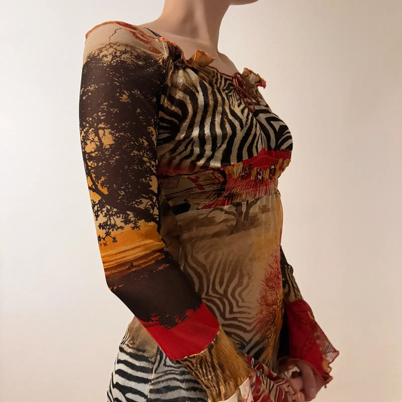 Safari Print Mesh Long Sleeve Top – Y2K Sheer Animal Pattern Blouse (S)