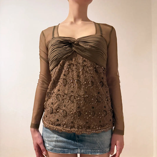 Sheer Brown Sequin Lace Top – Vintage Y2K Mesh Long Sleeve (S/M)