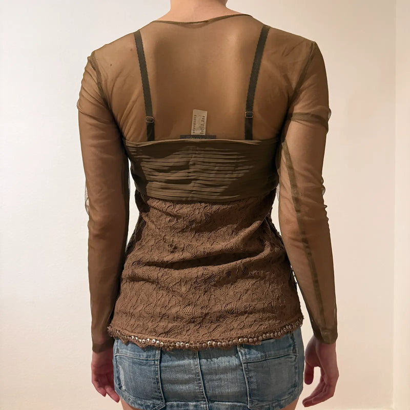 Sheer Brown Sequin Lace Top – Vintage Y2K Mesh Long Sleeve (S/M)