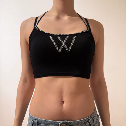 Black Rhinestone W Crop Top – Y2K Halter Clubwear Tank (S)
