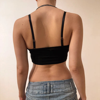 Black Rhinestone W Crop Top – Y2K Halter Clubwear Tank (S)