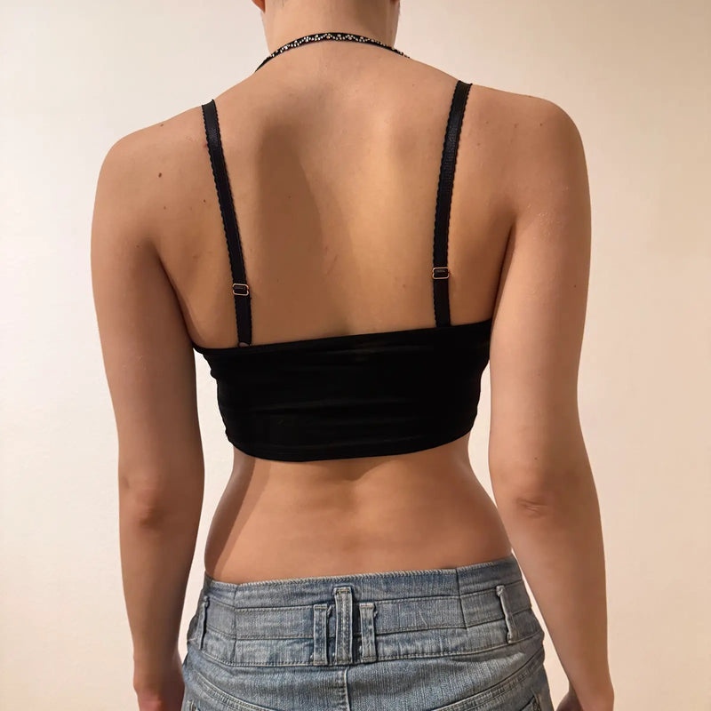 Black Rhinestone W Crop Top – Y2K Halter Clubwear Tank (S)