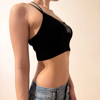 Black Rhinestone W Crop Top – Y2K Halter Clubwear Tank (S)