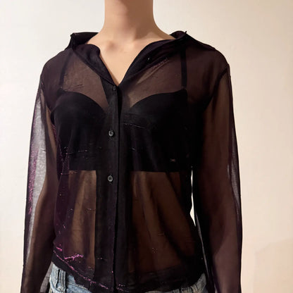Sheer Black Button Down Shirt – Vintage Mesh Shimmer Blouse Y2K (S)