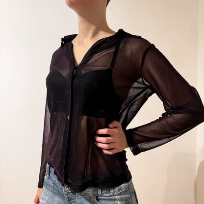 Sheer Black Button Down Shirt – Vintage Mesh Shimmer Blouse Y2K (S)