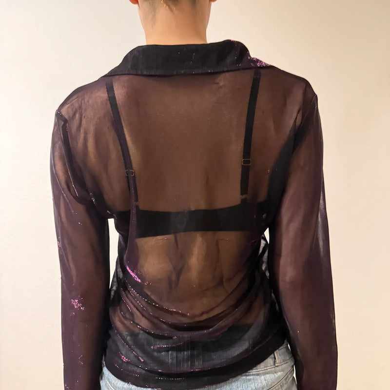 Sheer Black Button Down Shirt – Vintage Mesh Shimmer Blouse Y2K (S)