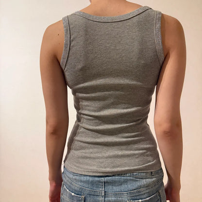 Gray Ribbed Tank Top with Shimmer Trim Y2K Basic (S)