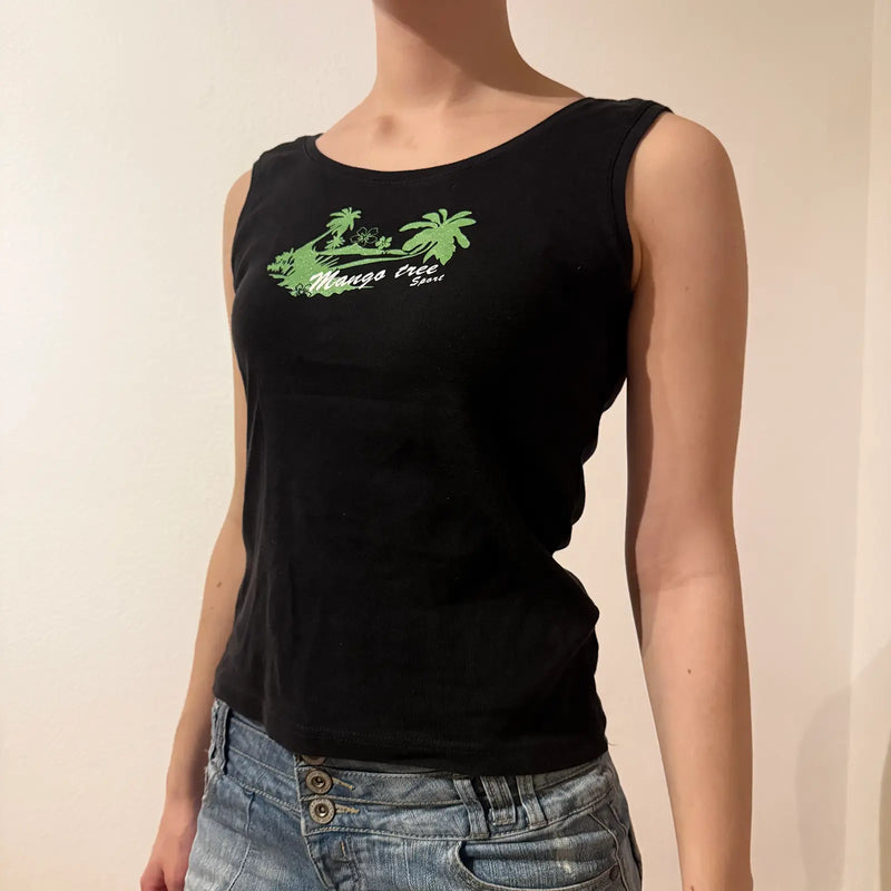 Vintage 2000s - Black Mango Tree Sport Tank Top with Palm Tree Graphic (S)