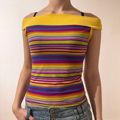 Rainbow Striped Off-Shoulder Top with Yellow Neckline – Vintage 2000s (S)
