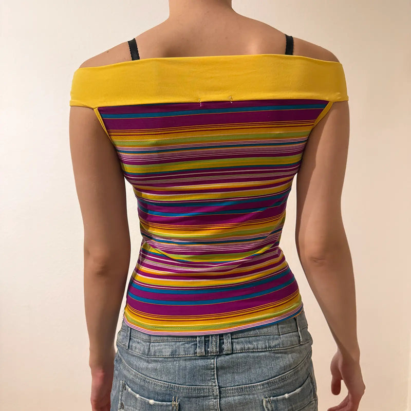 Rainbow Striped Off-Shoulder Top with Yellow Neckline – Vintage 2000s (S)