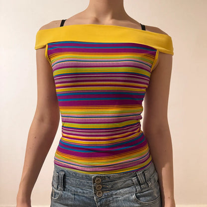 Rainbow Striped Off-Shoulder Top with Yellow Neckline – Vintage 2000s (S)