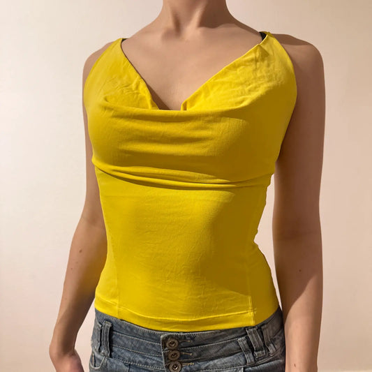 Yellow Cowl Neck Halter Top 2000s Clubwear (S)