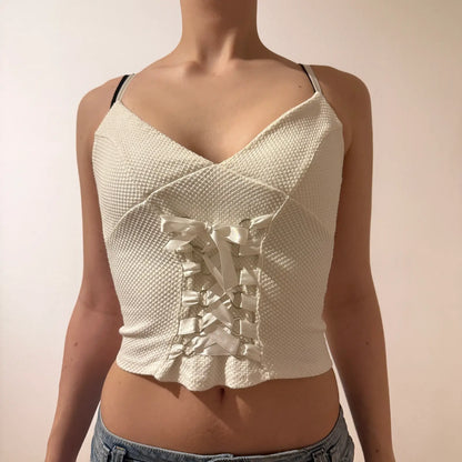 White Satin Ribbon Corset Detail Camisole Y2K (S)