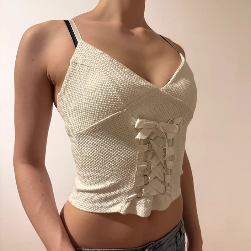 White Satin Ribbon Corset Detail Camisole Y2K (S)