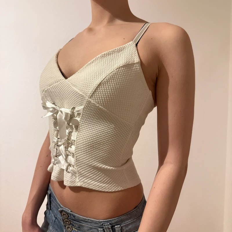 White Satin Ribbon Corset Detail Camisole Y2K (S)