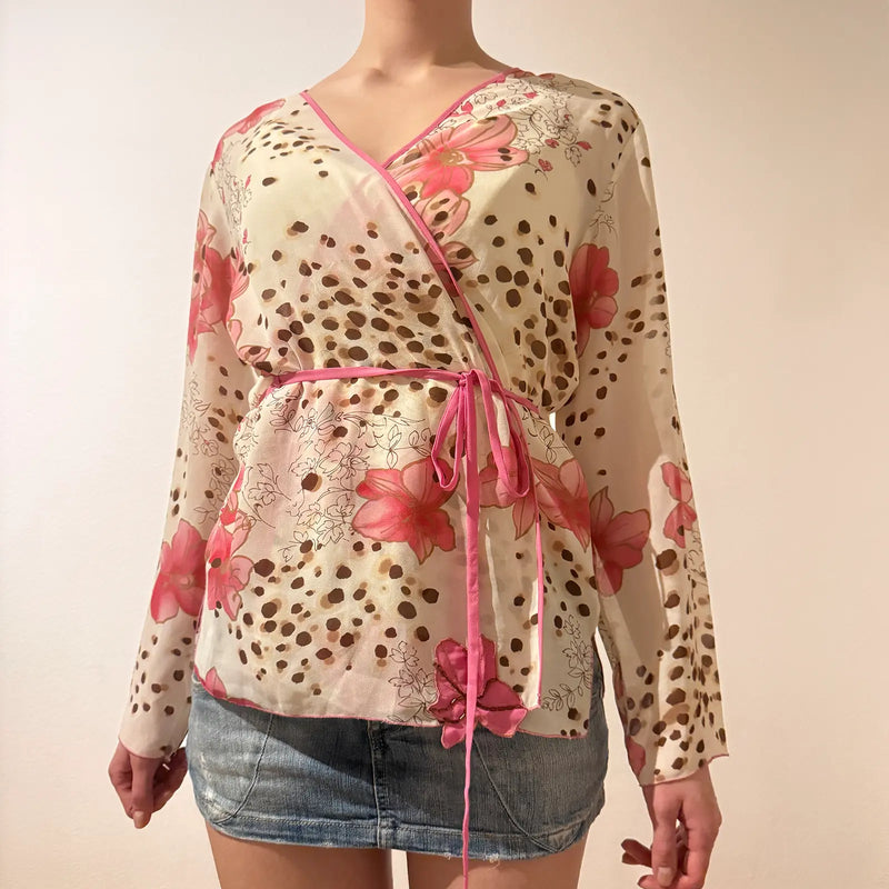 Sheer Floral Animal Print Wrap Blouse – Vintage Y2K Tie Top (S/M)