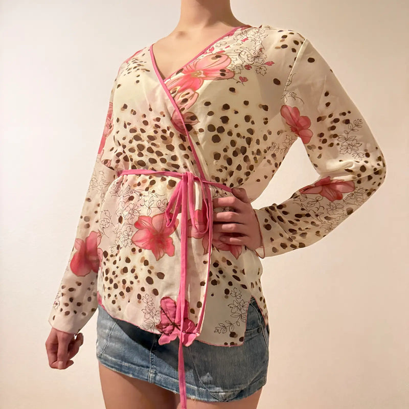 Sheer Floral Animal Print Wrap Blouse – Vintage Y2K Tie Top (S/M)