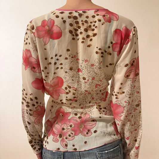 Sheer Floral Animal Print Wrap Blouse – Vintage Y2K Tie Top (S/M)