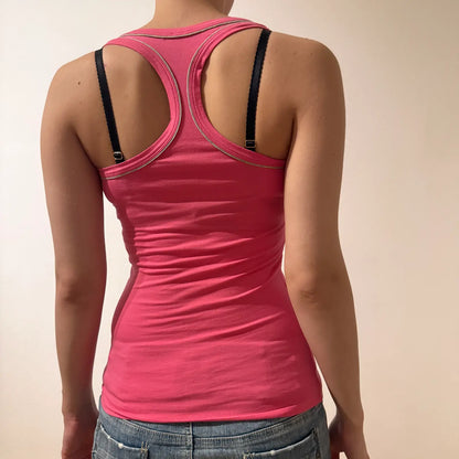 Hot Pink Ribbed Tank Top with Contrast Stitching Y2K (S)