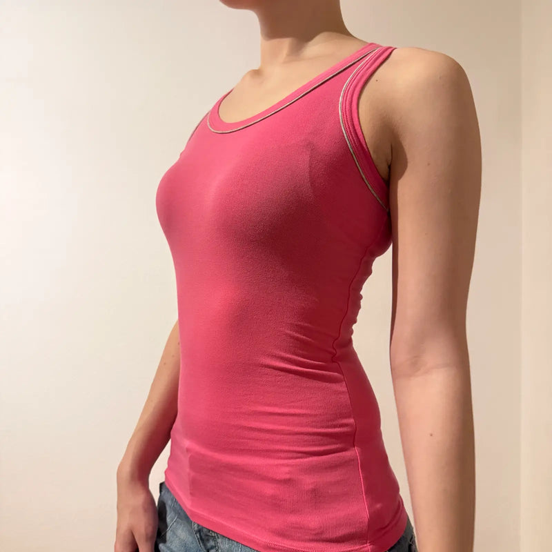 Hot Pink Ribbed Tank Top with Contrast Stitching Y2K (S)