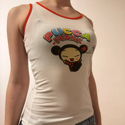 Y2K  Pucca Cartoon Graphic Tank Top with Red Trim Vintage (S)
