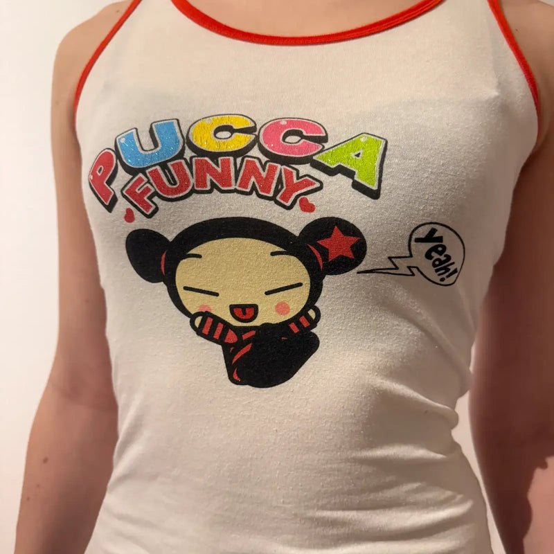 Y2K  Pucca Cartoon Graphic Tank Top with Red Trim Vintage (S)