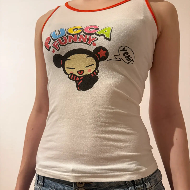 Y2K  Pucca Cartoon Graphic Tank Top with Red Trim Vintage (S)