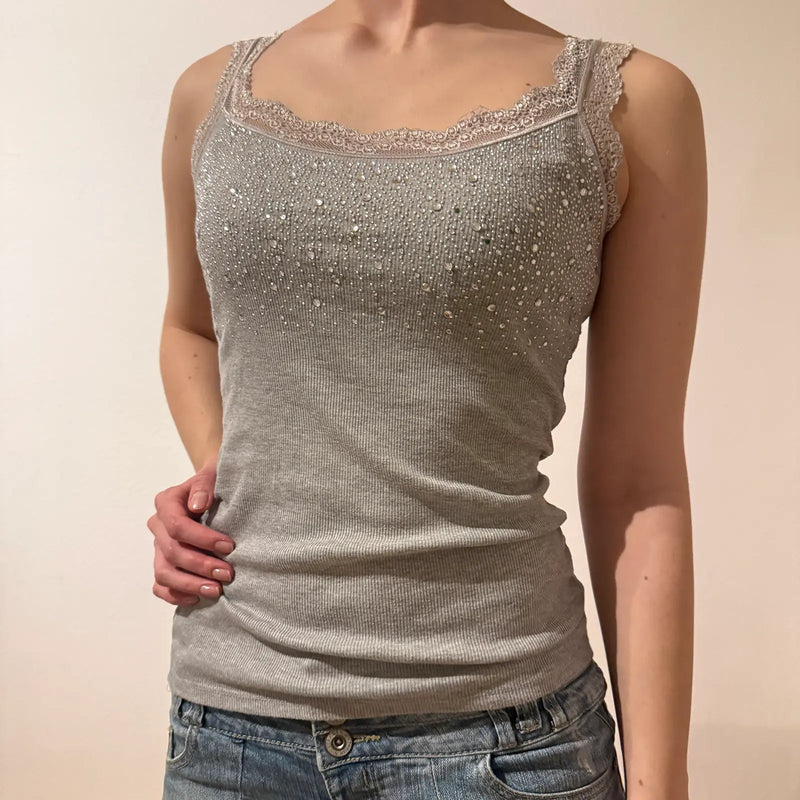 Gray Rhinestone Lace Trim Tank Top - 2000s Vibe (S)