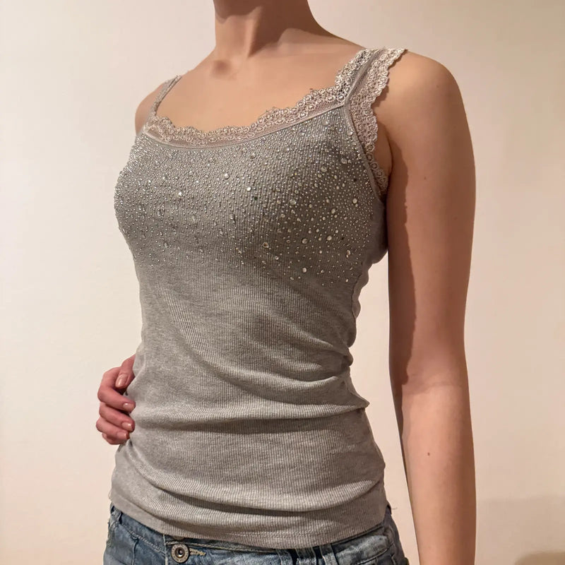Gray Rhinestone Lace Trim Tank Top - 2000s Vibe (S)