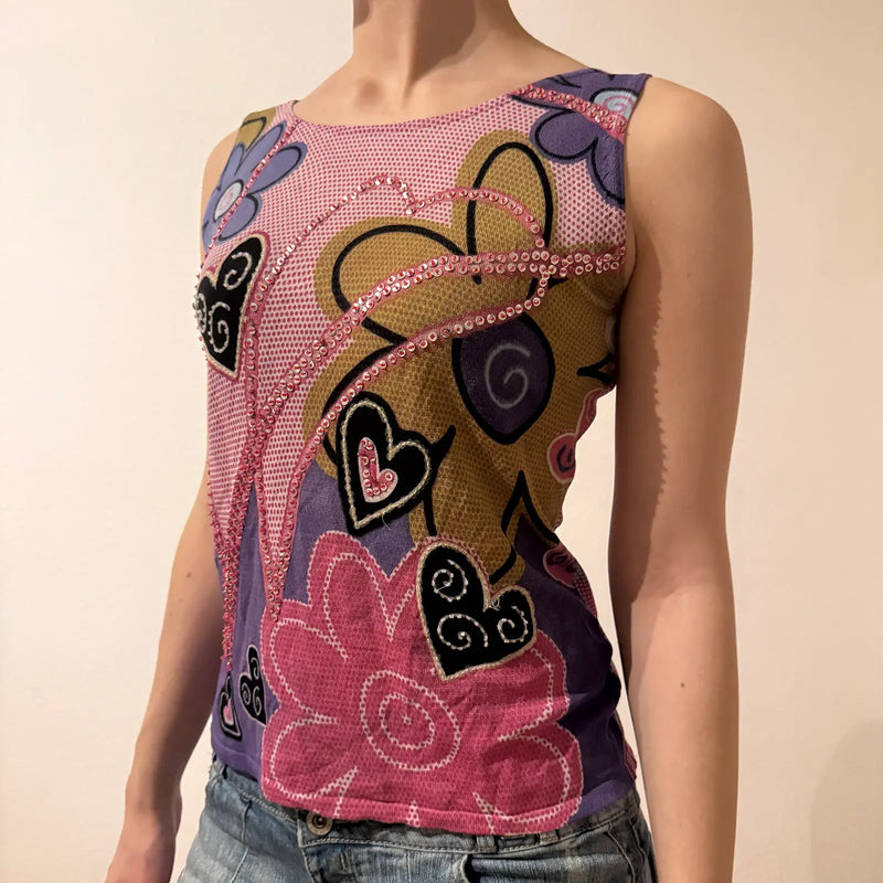 Y2K Colorful Quality Sequin Mesh Tank Top - Early 2000s Vibe (S)