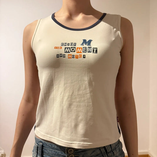 Y2K Graphic Tank Top "Enjoy the Moment" Beige Sleeveless (S)